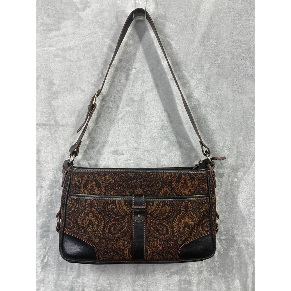 Etienne Aigner Paisley Tapestry Shoulder Bag Brown Faux Leather Trim Gold Tone